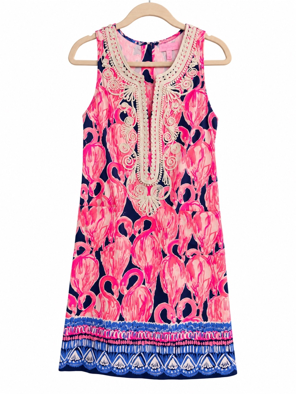 Women's Lilly Pulitzer Flamingo Print Embroidered Neckline Shift Dress Size 4